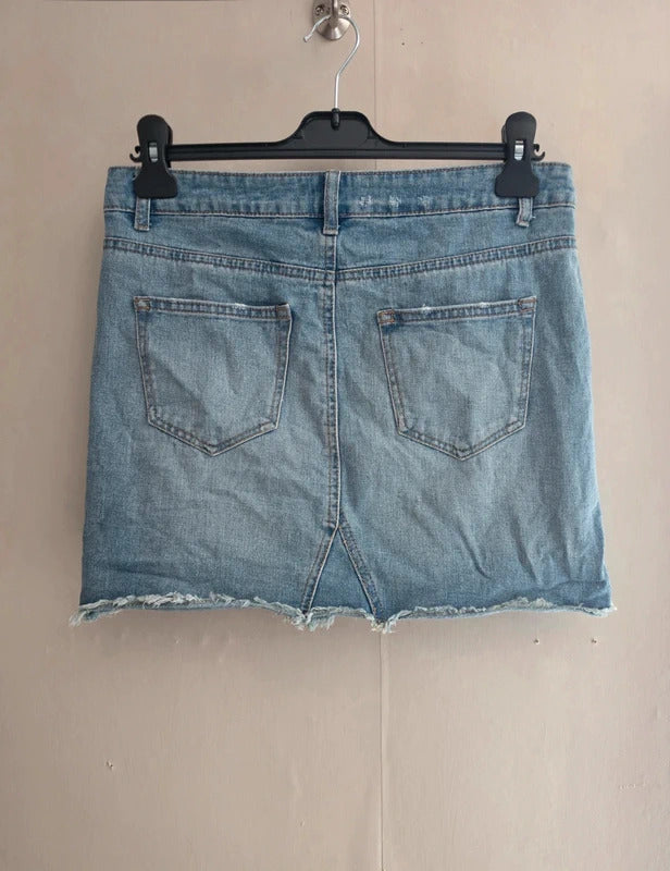 New Look Blue Denim Distressed Frayed Hem Mini Skirt Size 10