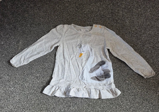 Tu Baby Girls Light Grey Marl Swan Appliqué Frill Long Sleeve Top 18-24 Months