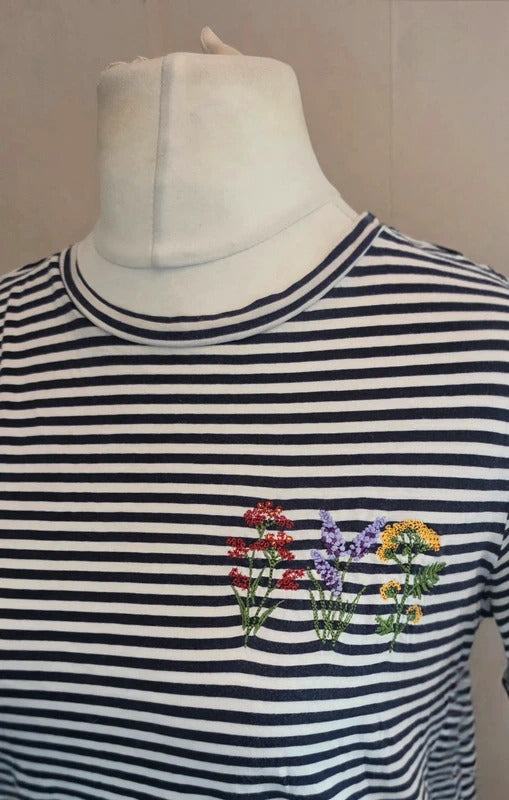 Marks & Spencer Navy & White Striped Floral Embroidered Cotton Tee Size 6-8