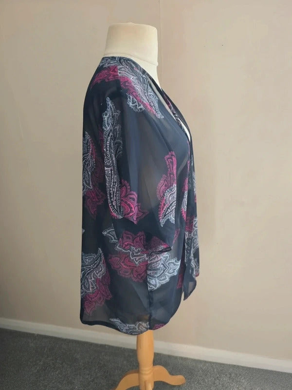Originals Navy & Pink Patterned Sheer Open Beach Cover-Up M Size 14-16