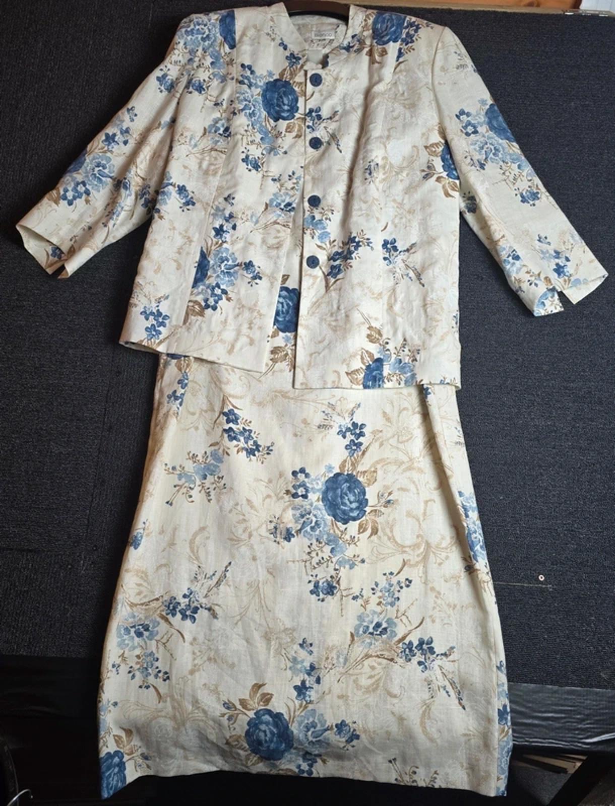 Bianco Mother of the Bride/Groom Cream Blue Floral Linen Dress & Blazer Set  14