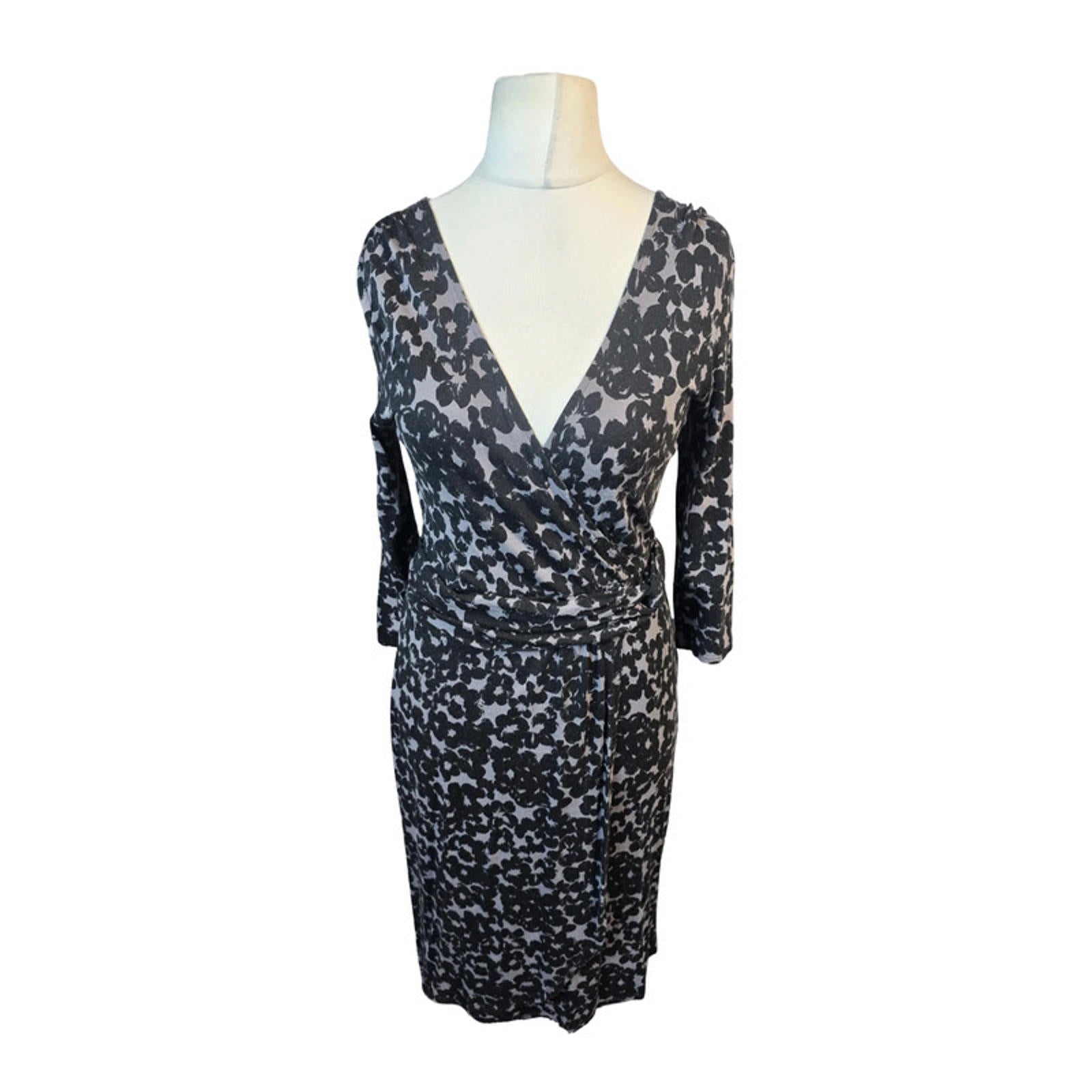 Monsoon Floral Wrap Midi Dress Black & Grey Size 12 Bodycon Smart Causal