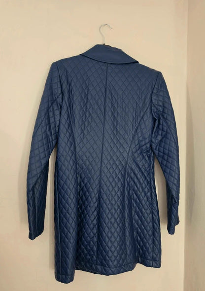 Dennis Basso Navy Blue Quilted Faux Leather Long Jacket Coat Small Size 8-10