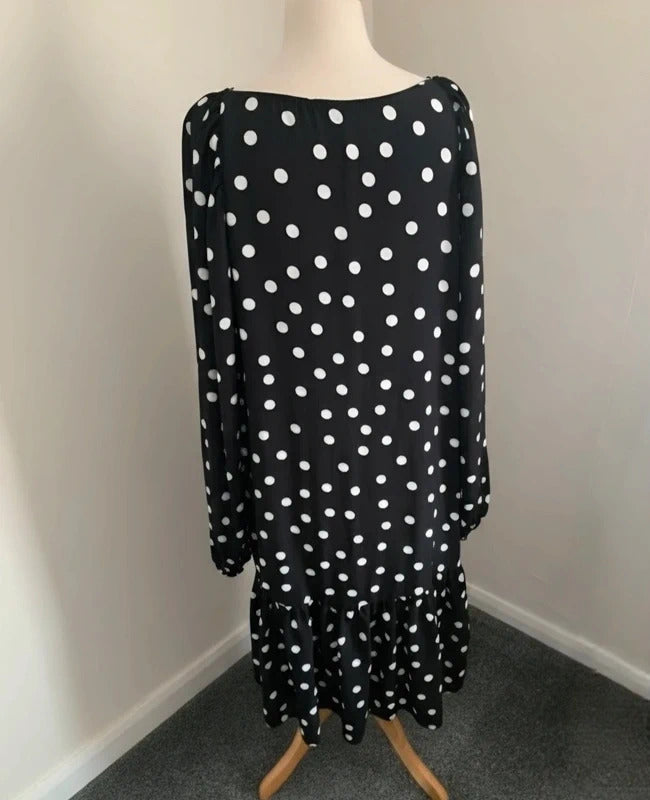 Edie B Black White Polka Dot Frill Dress Long Sleeve V Neck Size 18