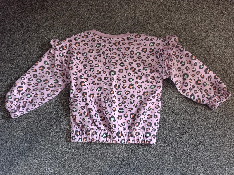 Matalan Girls Purple Leopard Print Frill Shoulder Jumper – Age 3–4 Years