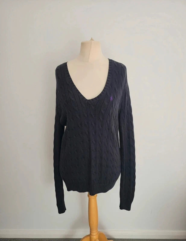 Ralph Lauren Sport Black Cable Knit V-Neck Jumper Purple Logo Size XL 100 Cotton