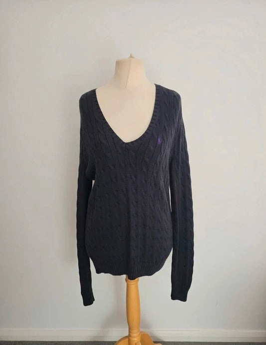 Ralph Lauren Sport Black Cable Knit V-Neck Jumper Purple Logo Size XL 100 Cotton