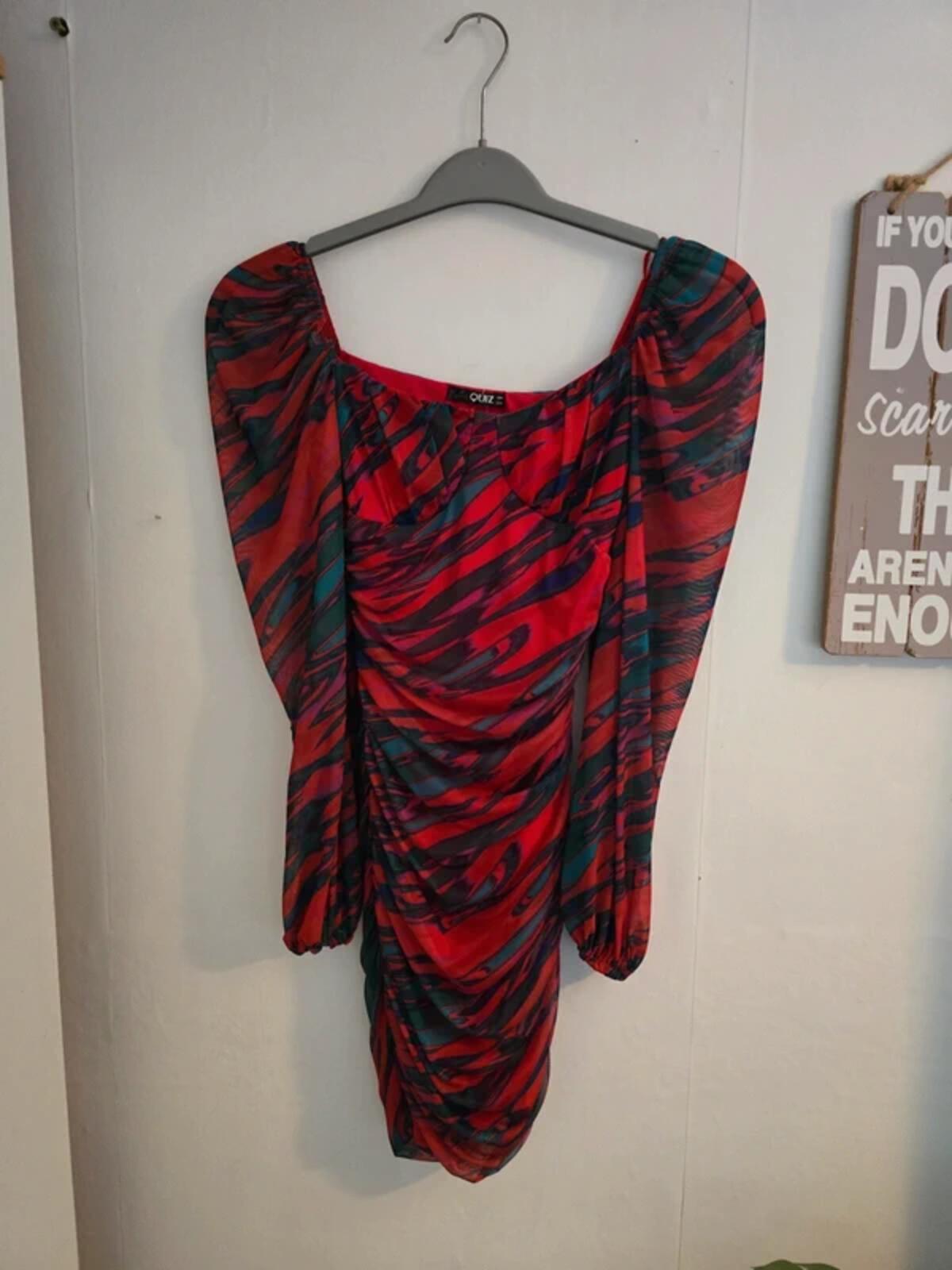 Quiz Multicoloured Red Patterned Ruched Mini Dress Size 6