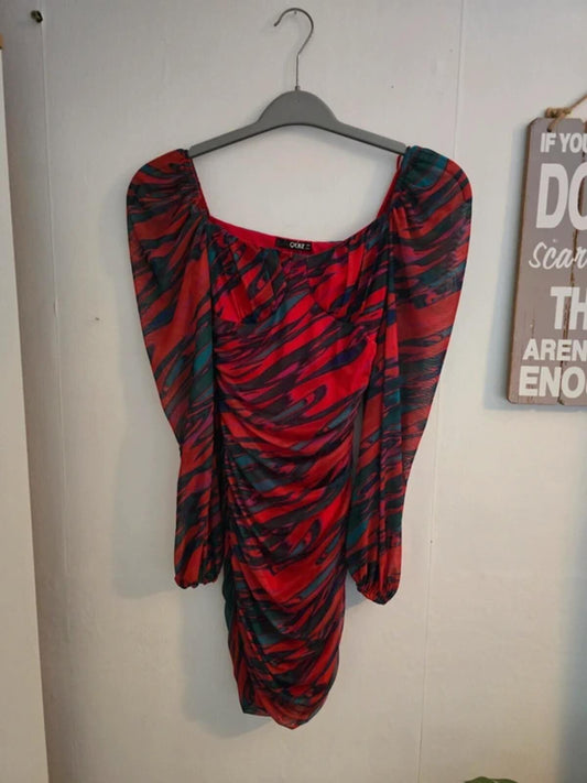 Quiz Multicoloured Red Patterned Ruched Mini Dress Size 6