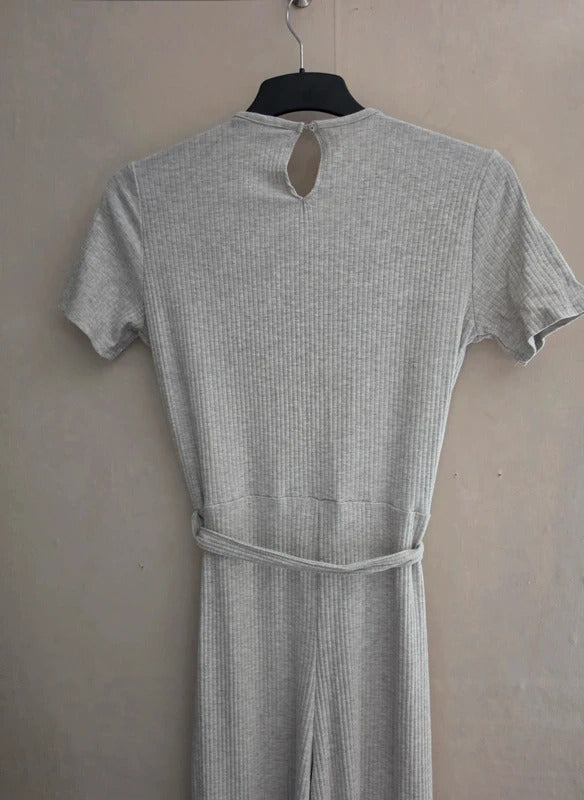 Long Tall Sally Light Grey Ribbed Flared Full-Length Jumpsuit Size 14 New