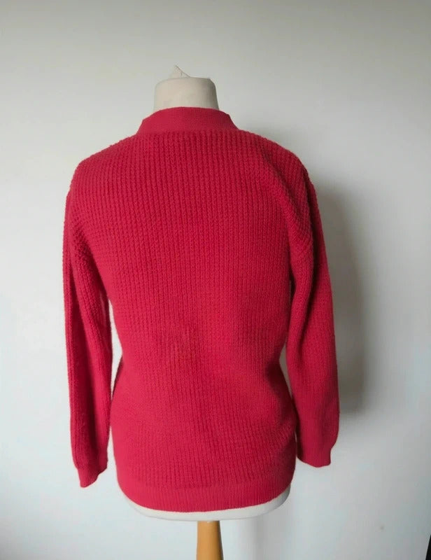 Damart Pink Red Knitted V Neck Button Cardigan Pockets Size 10-12