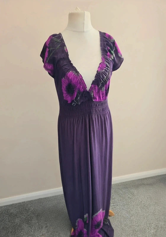 Apricot Purple Floral V-Neck Elasticated Waist Maxi Dress  S Size 10-12