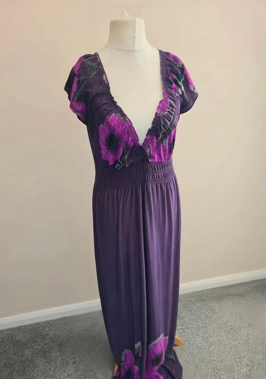 Apricot Purple Floral V-Neck Elasticated Waist Maxi Dress  S Size 10-12