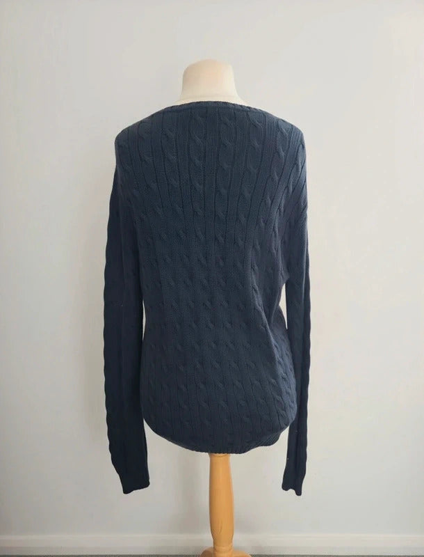 Ralph Lauren Sport Black Cable Knit V-Neck Jumper Purple Logo Size XL 100 Cotton