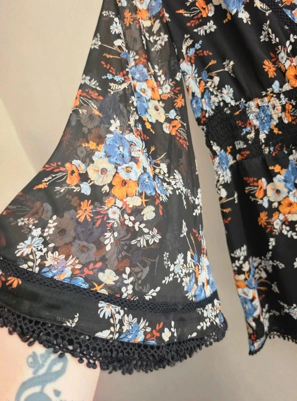 River Island Black Floral Sheer Bell Sleeve Playsuit Size 12