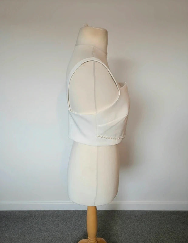 River Island White Cropped Cami Top Beaded Pearl Detail Size 10