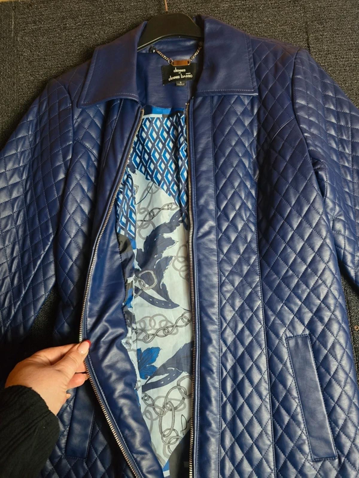 Dennis Basso Quilted Faux Leather Jacket Blue S Size 8/10 Mid Length Zip Up