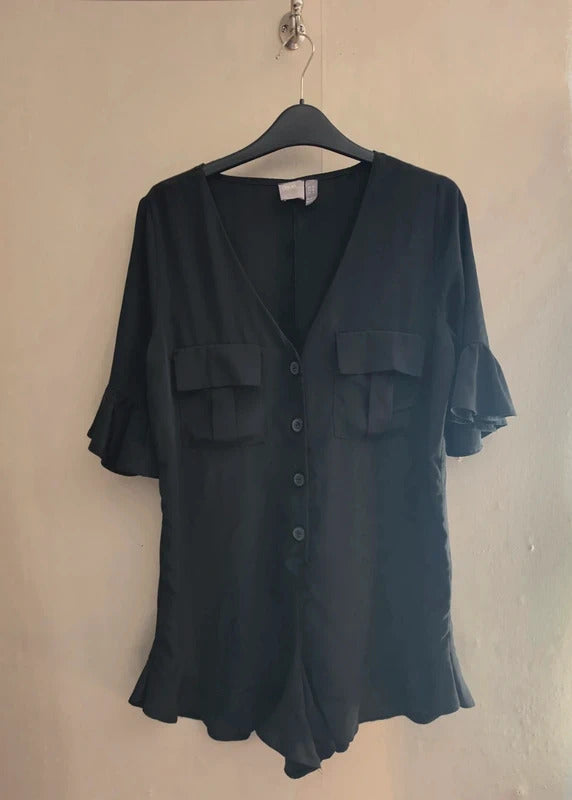 ASOS Black Frilly Sleeve & Hem Button-Front Playsuit Size 10