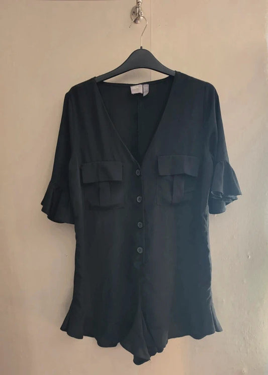 ASOS Black Frilly Sleeve & Hem Button-Front Playsuit Size 10