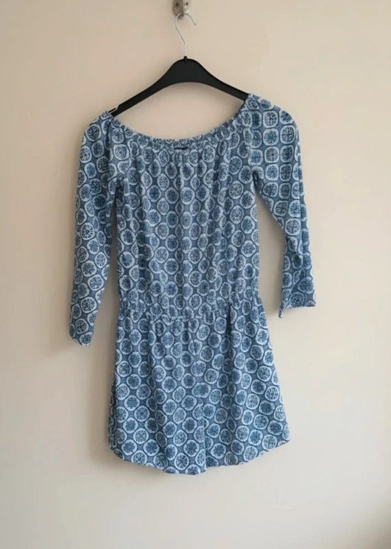 Boohoo Blue & White Patterned Off Shoulder Playsuit 3/4 Sleeves Size 10