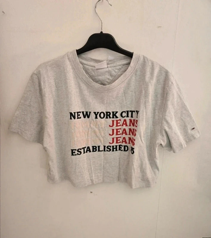 Tommy Jeans Grey Cropped Graphic T-Shirt Size L UK 12-14