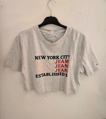 Tommy Jeans Grey Cropped Graphic T-Shirt Size L UK 12-14