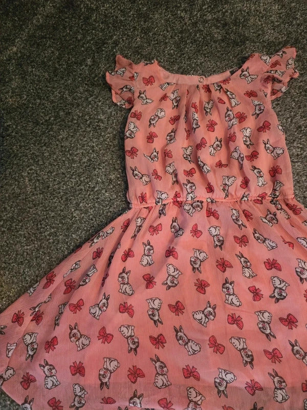 Kiki & Koko Girls Pink Rabbit Bow Frilly Flared Lined Summer Dress Size 5-6 Years
