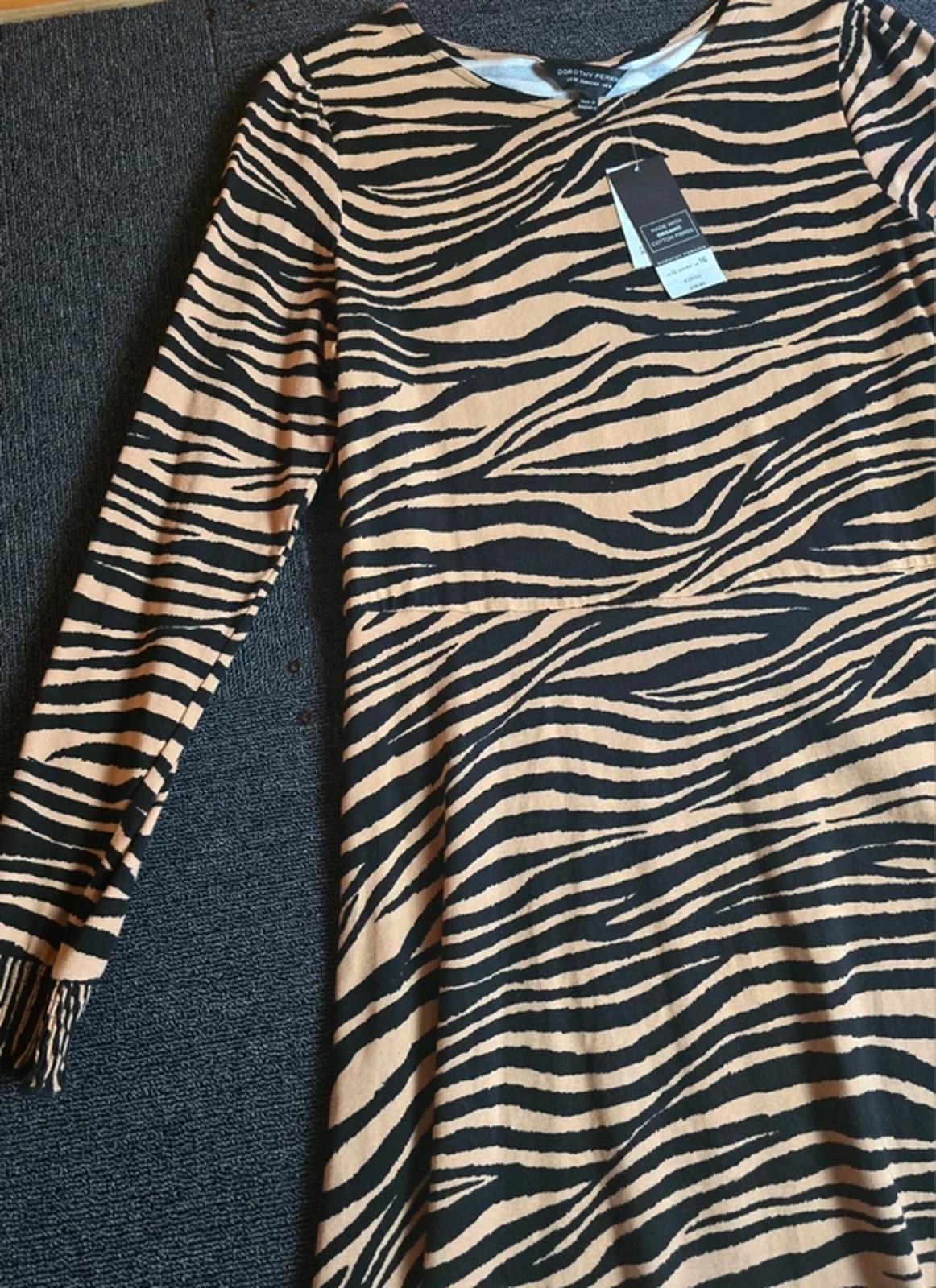 Dorothy Perkins Zebra Print Dress Brown Beige Size 16 Stretch Flared Hem