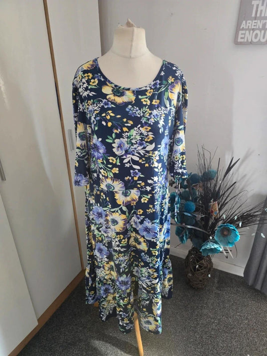 Bonmarche Navy Blue & Yellow Short Sleeved Midi Dress - Size 18