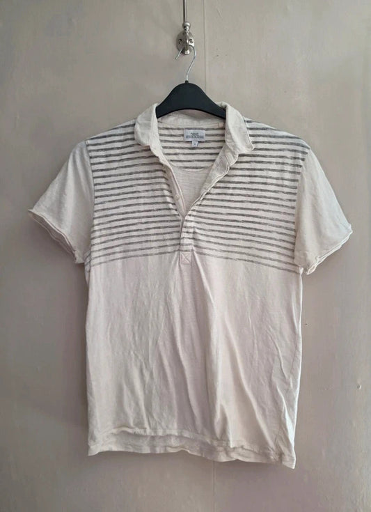 Next Men’s Cream & Grey Striped Short Sleeved Polo Shirt Size Medium