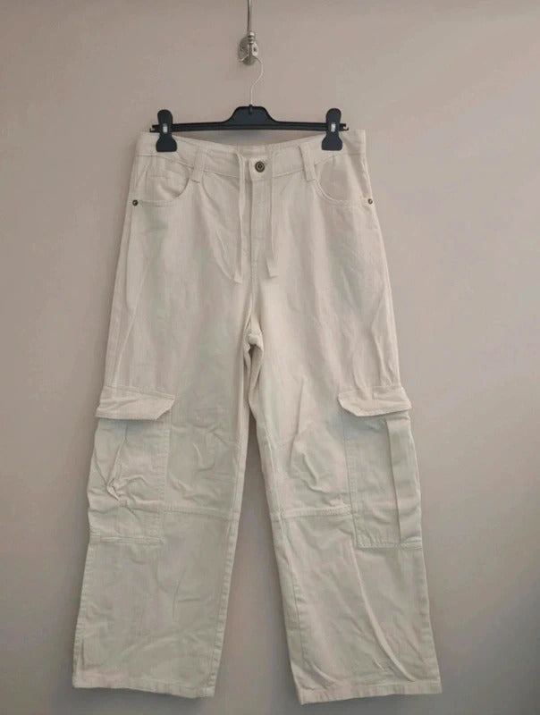 Bershka Cream High Waisted Cargo Flared Cotton Jeans Size EU 38 Size 10