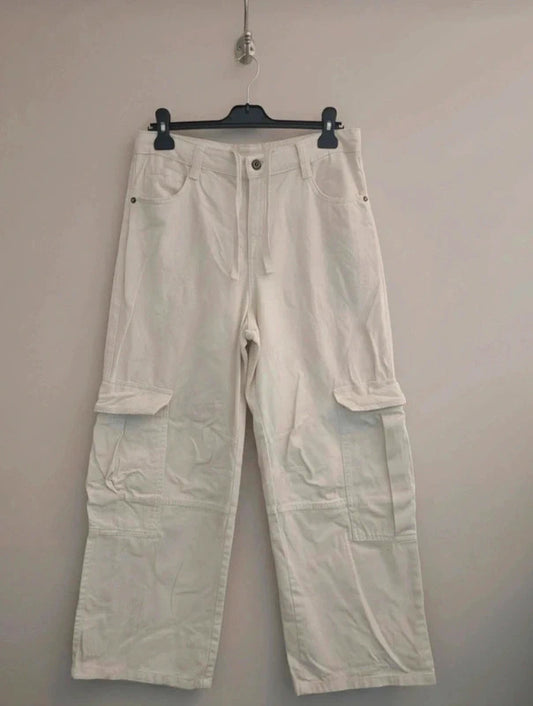 Bershka Cream High Waisted Cargo Flared Cotton Jeans Size EU 38 Size 10