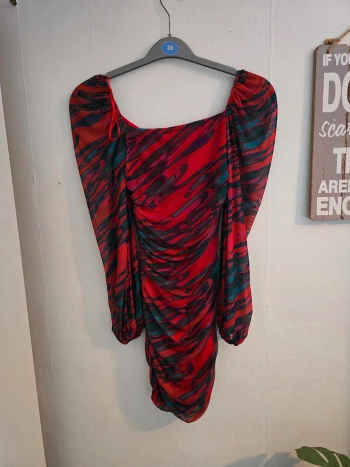 Quiz Multicoloured Red Patterned Ruched Mini Dress Size 6