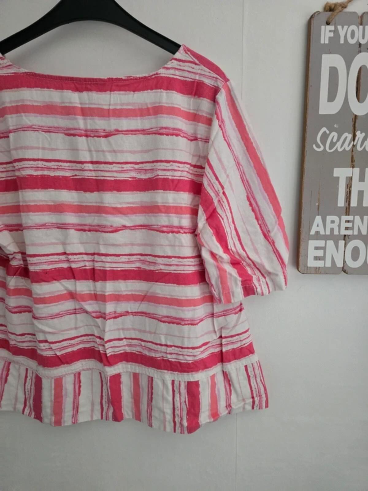 Cotton Traders Pink & White Striped Short Sleeved Top - Size 14