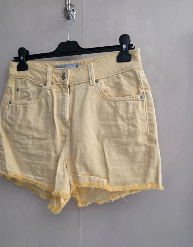 Next Bright Yellow High Waisted Frayed Distressed Denim Mini Shorts Size 8