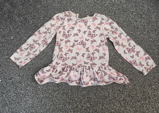 Primark Baby Girls White & Pink Butterfly Print Frill Hem Long Sleeve Top Age 18-24 Months