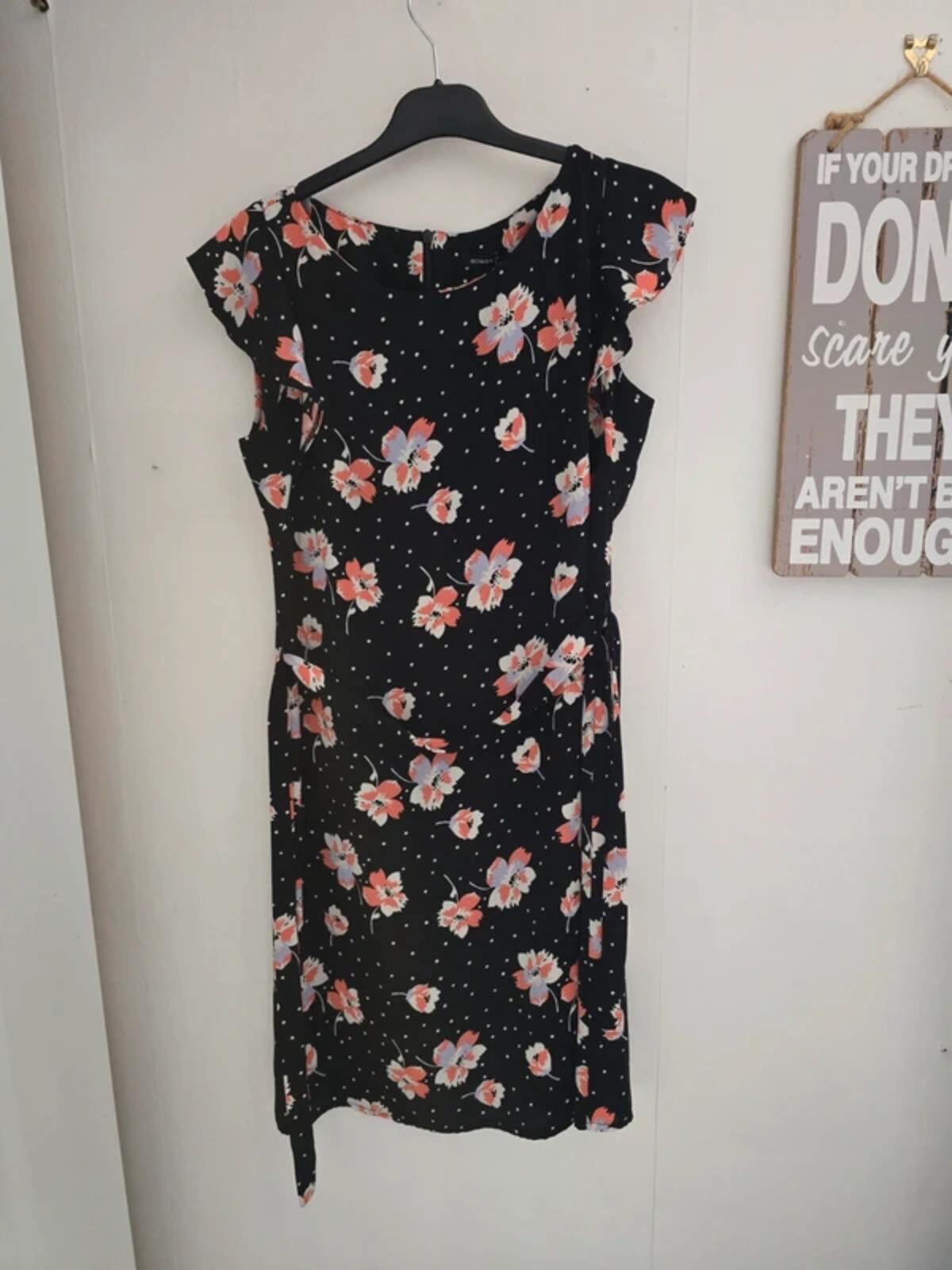 Roman Black Floral & Polka Dot Flared Midi Dress Size 10