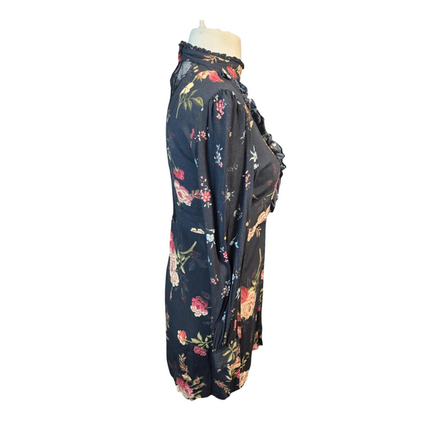 Zara Black Floral Mini Dress  L UK Size 12 Long Sleeve Lace Back Frill Detail