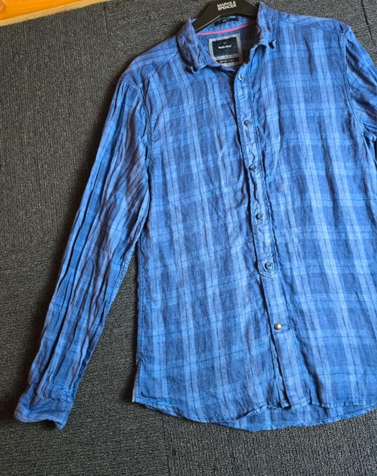 White Stuff Blue Check Linen Shirt Mens Small Slim Fit Button Up