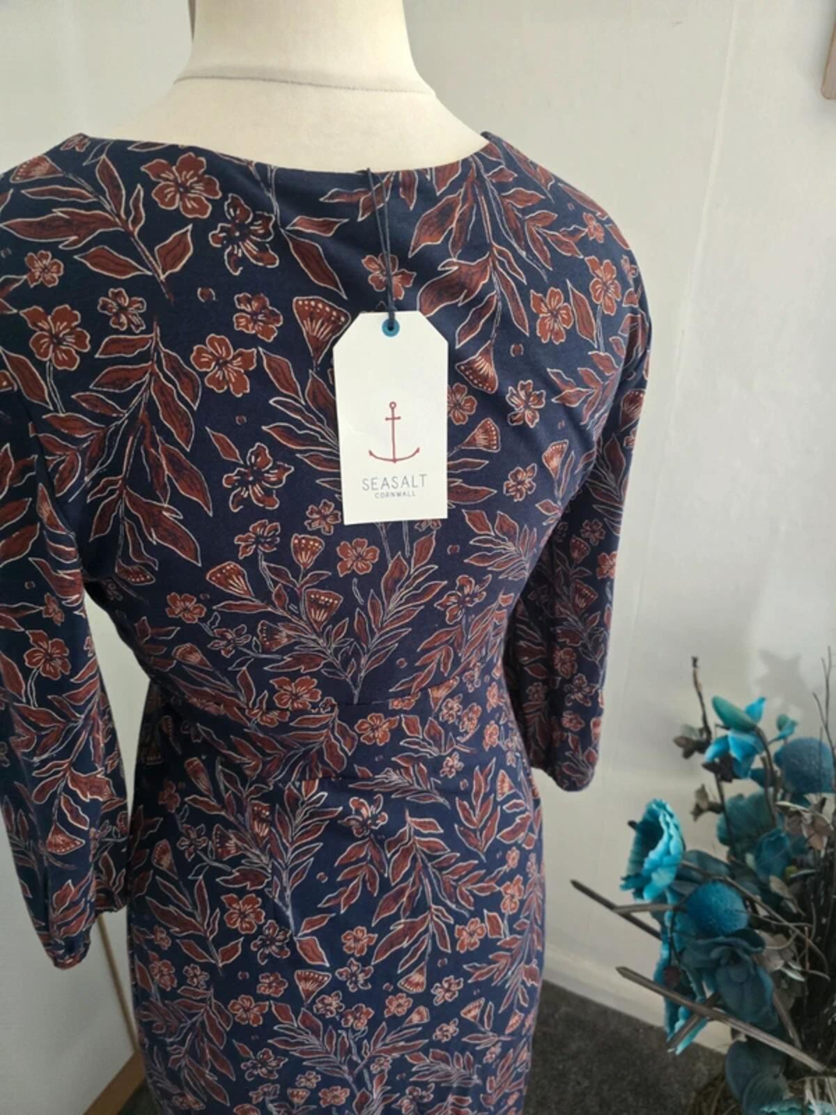 NWT Seasalt Cornwall Navy & Brown Floral Midi Dress Size 10