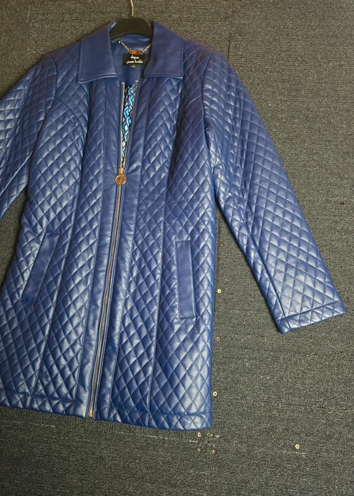 Dennis Basso Quilted Faux Leather Jacket Blue S Size 8/10 Mid Length Zip Up