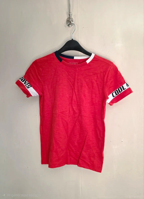 Next Boys Red Slub Textured T-Shirt Slogan Sleeve Taped Trim Age 7 Years