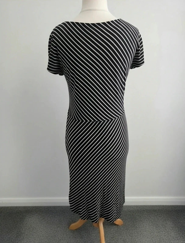 Laura Ashley Women's Black & Beige Striped Ruched Knot Front Midi Dress Size 14