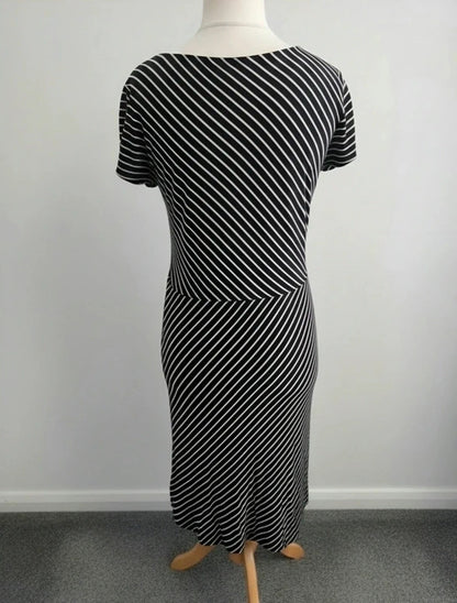 Laura Ashley Women's Black & Beige Striped Ruched Knot Front Midi Dress Size 14