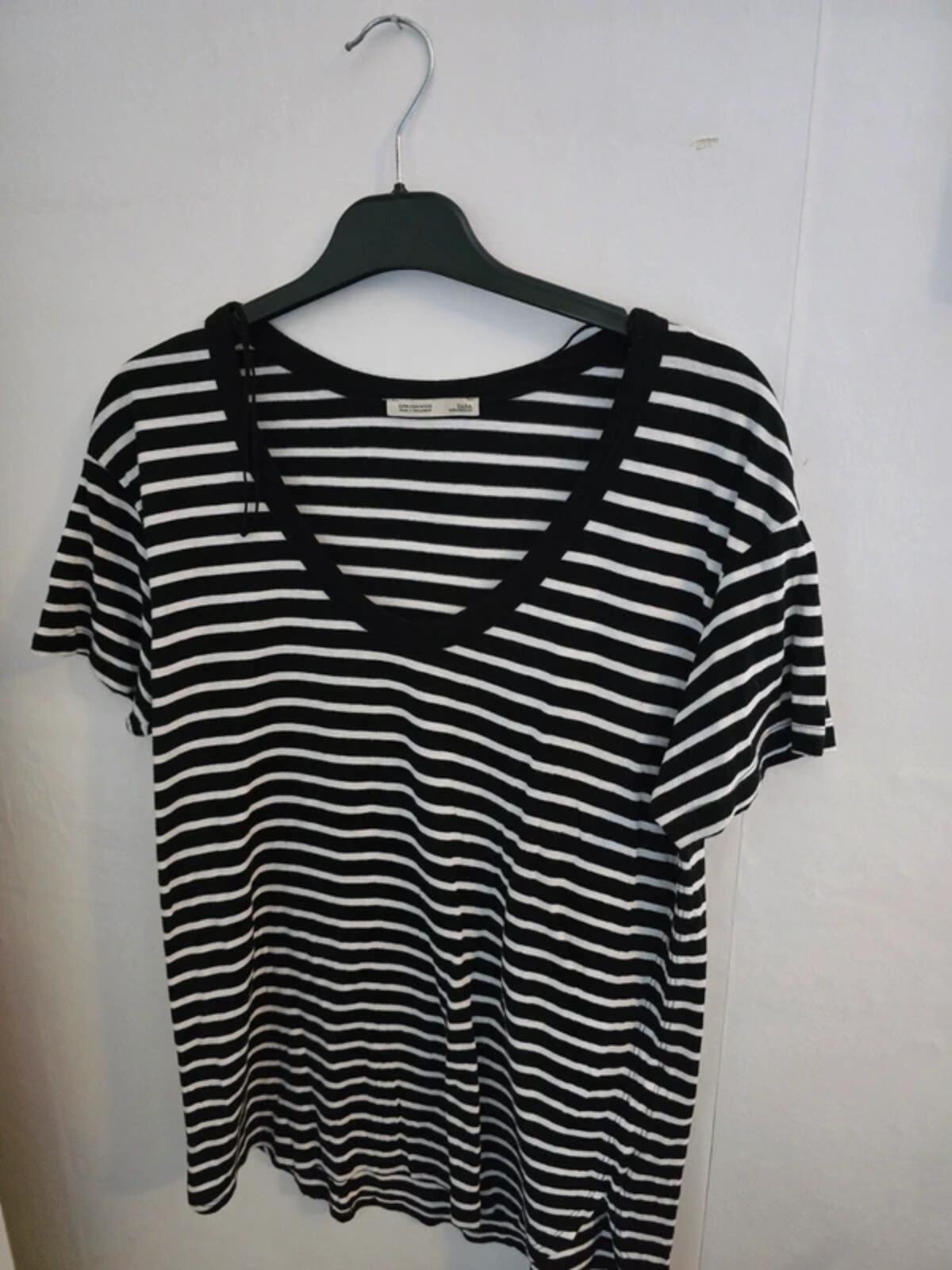Zara Black & White Striped Short-Sleeve Scoop Neck T-Shirt M Size 12-14