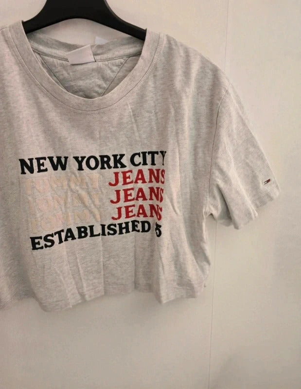 Tommy Jeans Grey Cropped Graphic T-Shirt Size L UK 12-14
