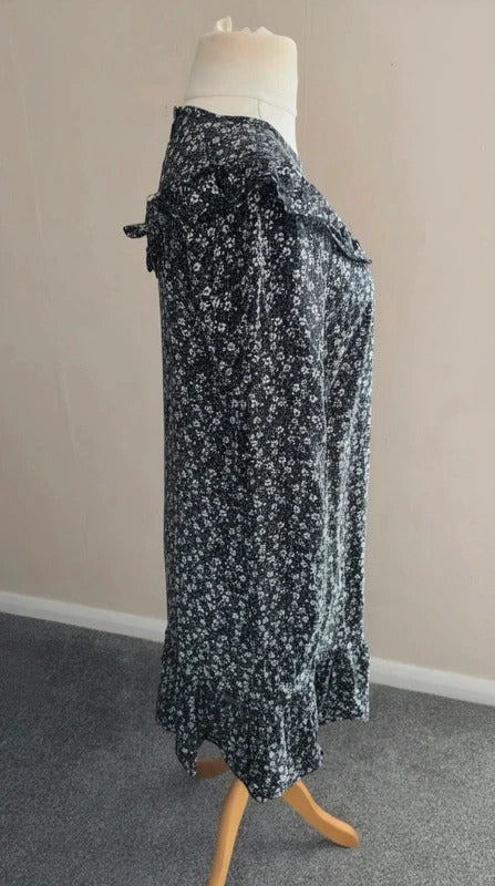 Matalan Women's Black, White & Pink Floral Long-Sleeve Frill Midi Dress Size 12