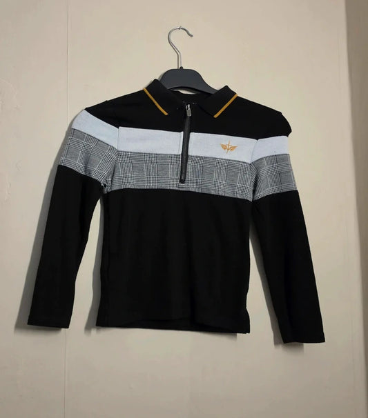 Firetrap Boys Black, Grey & White Checked Long Sleeve Polo Top – Age 6-7 Years