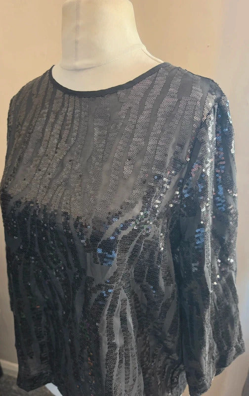 Peacocks Black Sequin Sheer Relaxed Top Size 12 Party Halloween Xmas