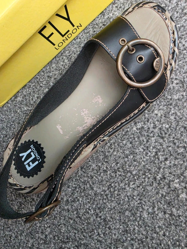 Fly London Black Grey Patterned Leather Slingback Wedge Sandals Boxed EU41 UK 7